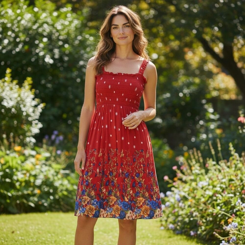 Docele Dress Women's Red Floral Summer Sundress Smocked Sleeveless Midi #361